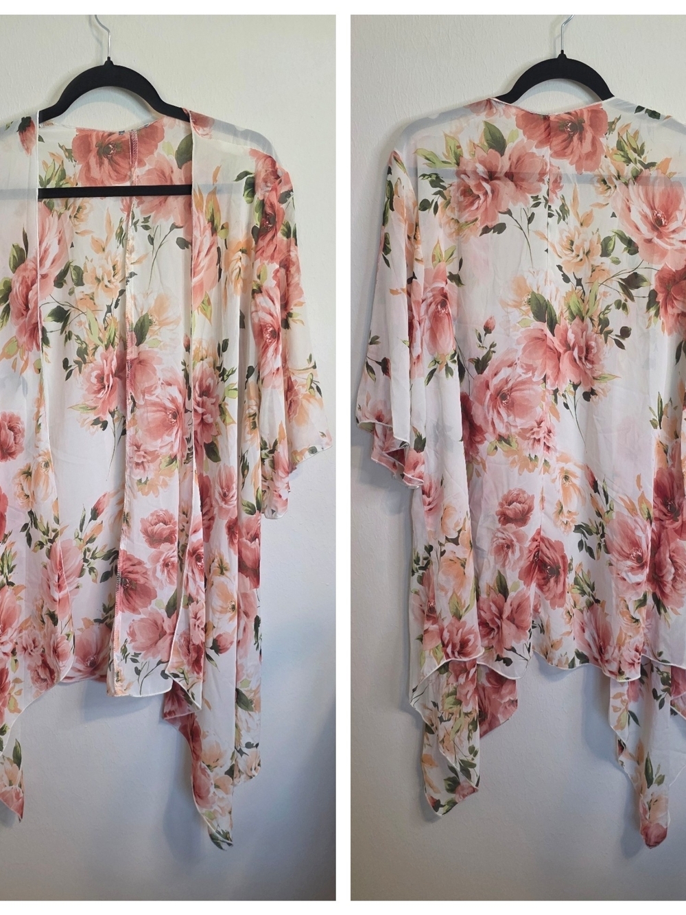 Lightweight Sheer Floral Kimono — Peach & Coral Rose Print